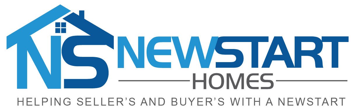 blue and gray newstart homes logo with house icon